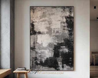 Pintura abstracta en blanco y negro pintada a mano, arte de pared moderno, decoración minimalista de gran tamaño en lienzo, arte de pared abstracto grande, decoración para sala de estar