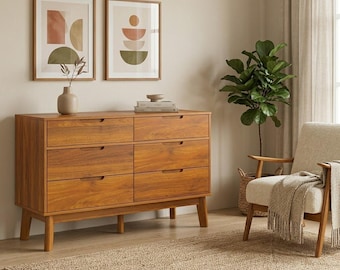 Walnut 6 Drawer Double Dresser, Modern Storage Chest for Bedroom, Caramel