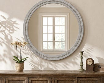 30" Round Solid Wood Distressed Grey Farmhouse Mirror, Bathroom Vanity Mirror