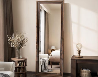 Solid Wood Full Length Floor Mirror,Rustic Walnut Farmhouse Body Mirror with Stand