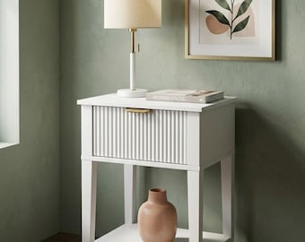 Fluted Wood Nightstand with Drawer, Shallow Depth Bedside Table, Modern Farmhouse Compact End Table