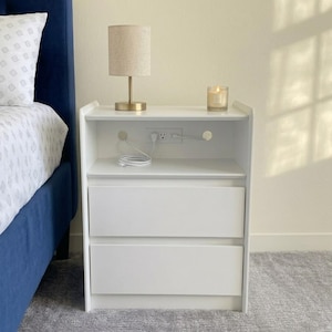 White Charging Nightstand with USB-C Outlets, 2 Drawers, Tray Top & Open Shelf
