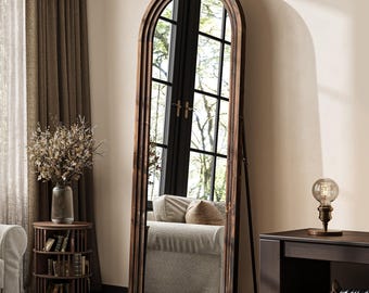 Arched Full Length Mirror, 63"L x 21"W Solid Rustic Walnut Farmhouse Floor Mirror with Stand