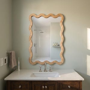 Solid Wood Frame Wavy Wall Mirror, Handcrafted Vanity Mirror for Bathroom & Entryway