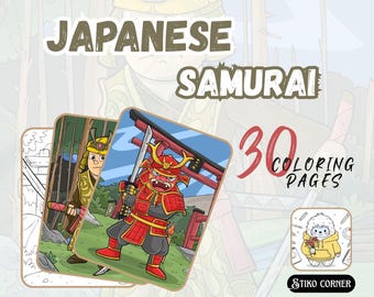 May include: A stack of three Japanese Samurai coloring pages with illustrations of samurai warriors in action. The words "Japanese Samurai" and "30 Coloring Pages" are displayed. A small cartoon character is in the corner.