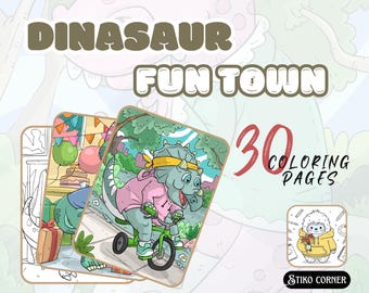 Puede incluir: Una pila de tres páginas para colorear con ilustraciones de dinosaurios. Las páginas tienen el título "Dinasaur Fun Town" y el texto "30 Coloring Pages". Una página muestra un dinosaurio montando un triciclo. El logotipo de Stiko Corner está en la esquina.
