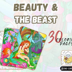 Puede incluir: Páginas para colorear con ilustraciones de hadas y una bestia, con el texto "BEAUTY & THE BEAST" y "30 COLORING PAGES". La imagen incluye un pequeño personaje de dibujos animados y el texto "Stiko Corner".
