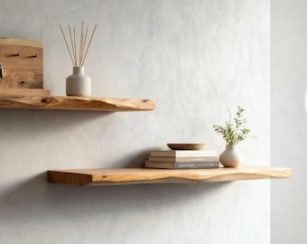 Prateleira flutuante com borda natural – Madeira de nogueira natural, decoração de parede rústica e minimalista feita à mão.