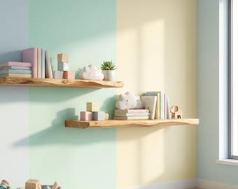 Zwevende plank met levende rand – natuurlijk walnoothout, rustieke handgemaakte wanddecoratie voor kinderkamer