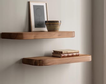 Estantes flotantes de nogal, estante de pared de madera maciza para libros, decoración de interiores modernos.