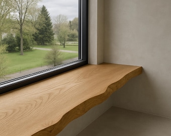 Solid Oak Live Edge Windowsill: Custom Natural Wood Shelf