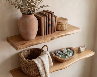 Prateleira flutuante com borda natural – Madeira de carvalho natural, decoração de parede rústica feita à mão