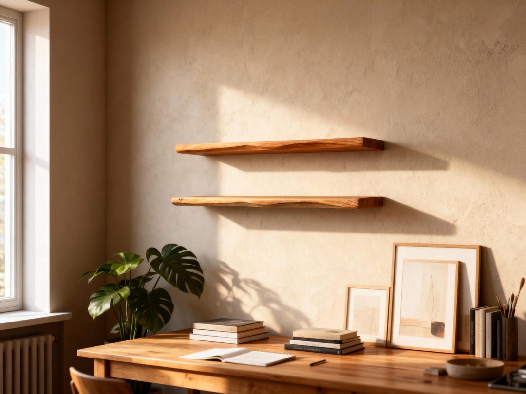 Live Edge Floating Shelves Above Desk – Natural Oak Wood Wall Decor ...