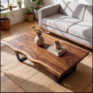 May include: A rectangular wooden coffee table with a live edge and black metal legs. The table is made of dark brown wood and has a natural, organic shape. A vase with dried flowers, a mug, and books are on the table. The table is set on a beige rug.