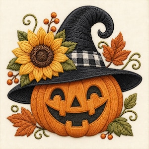 May include: An embroidered design featuring an orange jack-o'-lantern wearing a black witch hat with a white and black checkered band. The pumpkin is decorated with a large yellow sunflower, green leaves, orange berries, and autumn leaves.