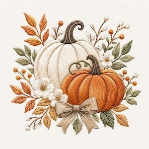 Può includere: Un disegno da ricamo che presenta una grande zucca bianca e una zucca arancione più piccola, arricchito da fiori bianchi, foglie marroni e verdi e rami sottili con piccole bacche. Un fiocco in tessuto beige è legato alla base.
