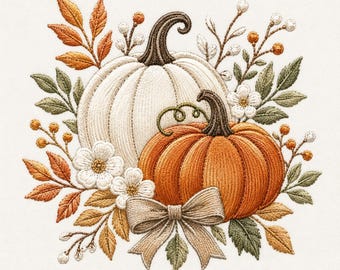 Autumn Pumpkin Floral Embroidery Design, Ivory Orange Leaves (Digital File)