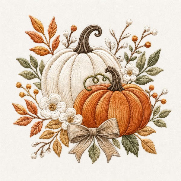 Autumn Pumpkin Floral Embroidery Design, Ivory Orange Leaves (Digital File)