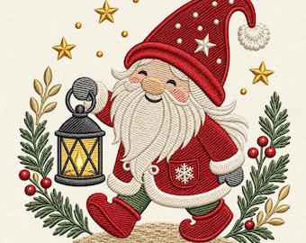 Cute Santa with Lantern Christmas Machine Embroidery File, Rustic Holiday Santa Claus Winter Design