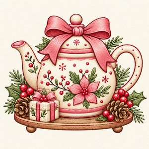 Peut inclure: Une théière couleur crème ornée de poinsettias roses, de baies rouges et de feuilles vertes, surmontée d'un grand nœud rose. Elle repose sur un plateau en bois avec un petit cadeau, des pommes de pin et du houx, à l'aspect brodé et texturé.