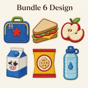 Puede incluir: Un conjunto de seis parches bordados etiquetados como Bundle 6 Design, que incluye una lonchera azul con una estrella roja, un sándwich, rodajas de manzana roja, un cartón de leche con cara de vaca, una bolsa de snacks amarilla y una botella de agua azul.