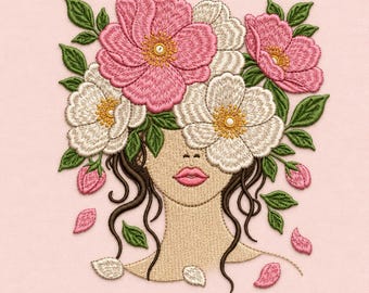 Floral Woman Face Embroidery Design, Pink Wildflower Portrait (Digital Download)