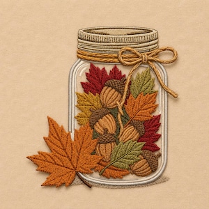 Borduurpatroon voor een Mason Jar met herfstbladeren en eikels, ontwerp voor een Mason Jar met herfstoogst.