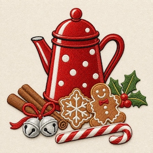 Pode incluir: Um design bordado com um bule vermelho brilhante com bolinhas brancas, dois paus de canela castanhos atados com uma fita vermelha, dois guizos prateados, um boneco de gengibre, uma bolacha de floco de neve e folhas de azevinho verdes.