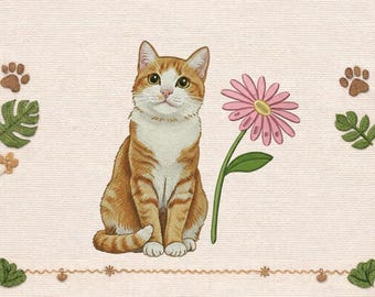 Cat with Flower Embroidery Design, Floral Kitten Machine Embroidery (Digital File)