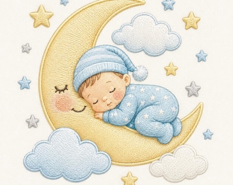 Sleeping Baby Moon Machine Embroidery File, Sweet Nursery Stars and Clouds Design, Newborn Pajama Pattern
