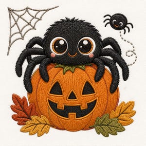May include: An embroidery design featuring a large, fuzzy black spider with oversized eyes resting on an orange jack-o'-lantern. The scene includes a small spider hanging from a web, a corner spiderweb, and colorful autumn leaves at the base.
