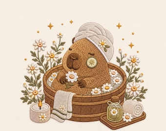 Spa Capybara Embroidery Design, Relaxing Bath Scene, Floral Machine Embroidery (Digital Download)