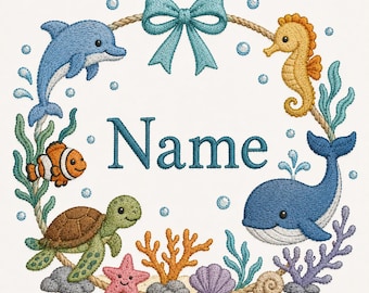 Ocean Animals Name Embroidery Design, Custom Baby Nursery Machine Embroidery (Digital Download)