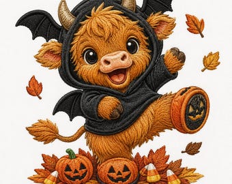 Highland Cow Bat Costume Embroidery File, Halloween Pumpkin Candy Bucket (Digital Download)