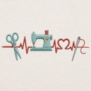Peut inclure: Un motif de broderie représentant une machine à coudre bleu clair avec un cœur doré, entourée d'une paire de ciseaux bleu clair et d'une aiguille argentée, reliés par une ligne de rythme cardiaque EKG rouge sur un tissu blanc cassé.