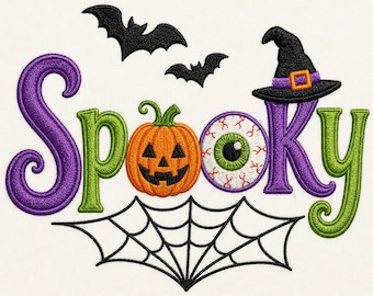 May include: An embroidered design featuring the word Spooky in purple and green letters. The letter O is replaced by an orange jack-o'-lantern and a realistic eyeball. A black witch hat sits atop the letter k, with two black bats and a spiderweb.