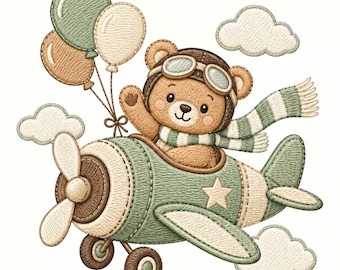 Aviator Bear Airplane Machine Embroidery File, Cute Pilot Teddy Plane Baby Boy Nursery Embroidery Design