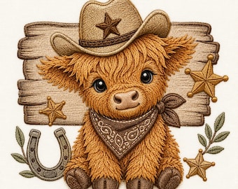 Highland Cow Cowboy Embroidery Design, Western Machine File (Digital Download)