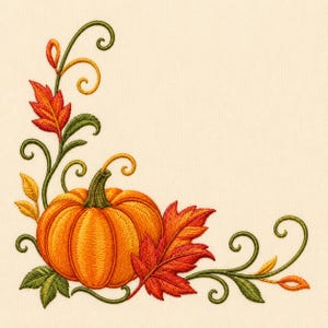 Può includere: Un disegno da ricamo che presenta una zucca arancione centrale con un picciolo verde, circondata da vivaci foglie autunnali rosse e arancioni, fogliame verde e viticci decorativi a spirale disposti ad angolo su un tessuto color crema.