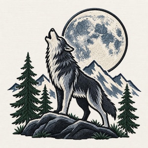 May include: An embroidered patch featuring a gray and white wolf howling at a large, detailed full moon. The scene includes dark green pine trees, jagged blue and white mountain peaks, and a rocky outcrop, all rendered in intricate thread work.