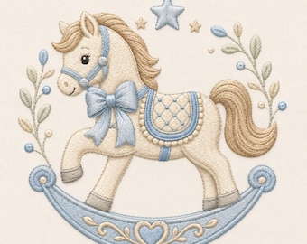 Rocking Horse Machine Embroidery File, Blue Bow Baby Nursery Horse with Stars and Floral Accents, Classic Newborn Embroidery