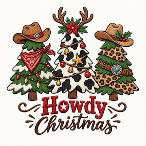 Howdy Christmas Western Trees Machine Embroidery File, Cowboy Cow Print Leopard Christmas Tree Embroidery Design
