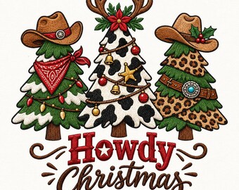 Howdy Christmas Western Trees Machine Embroidery File, Cowboy Cow Print Leopard Christmas Tree Embroidery Design