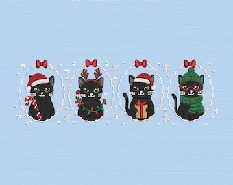 Diseño de bordado de gato navideño, archivo de bordado con caras de gato, adornos festivos de gatito, patrón de bordado a máquina
