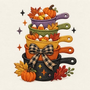 May include: An embroidery design featuring a stack of five colorful saucepans in purple, green, yellow, orange, and black. The pans are filled with candy corn and pumpkins, accented by autumn leaves, a black and white plaid bow, and star shapes.