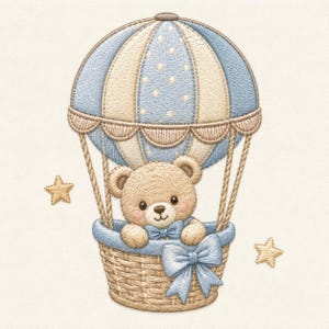 May include: An embroidery design featuring a light brown teddy bear sitting in a woven basket attached to a blue and cream hot air balloon. The bear wears a blue bow tie, and the basket is decorated with a large blue bow. Two gold stars flank the balloon.