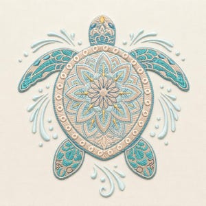 May include: Embroidered sea turtle design in shades of teal, beige, and yellow. The turtle's shell features a floral mandala pattern, surrounded by a beaded border. Water splashes are depicted around the turtle, creating a sense of movement.