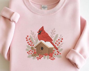 Diseño de bordado de casa de pájaros cardenal: Cardenal rojo invernal con bayas y ramas de pino. Archivo de bordado a máquina Holiday Nature.