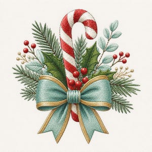 May include: An embroidered design featuring a red and white striped candy cane centered behind a large light blue bow with gold trim. The arrangement includes green pine needles, holly leaves, red berries, and sprigs of light green foliage.