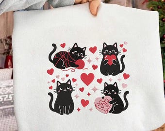 Diseño de bordado de gato de San Valentín / Lindo gato negro con corazones / Gato amoroso estilo kawaii / Arte animal romántico / Archivo de bordado a máquina